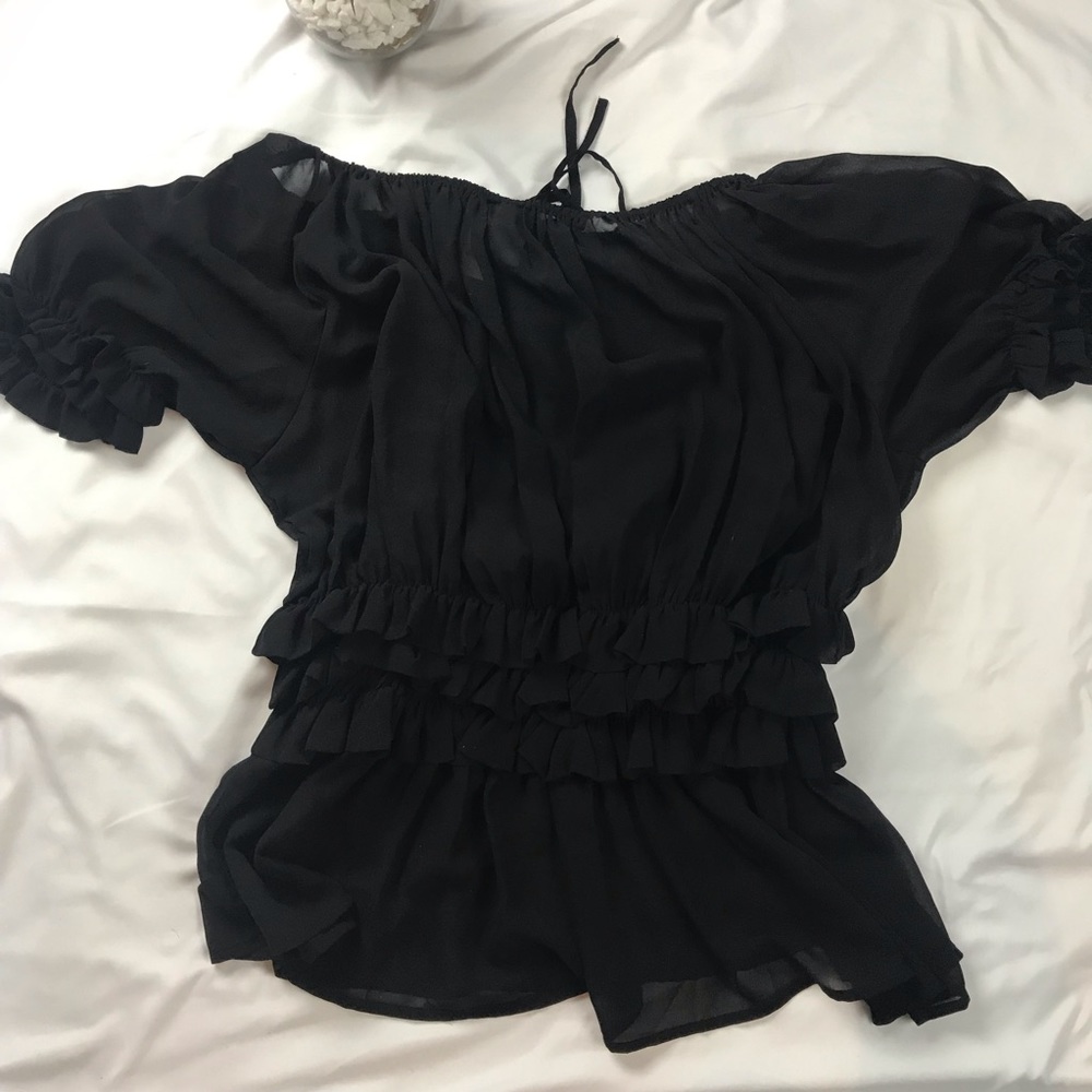 Black Sheer Ruffle Top Size Large - Picture 5 of 7